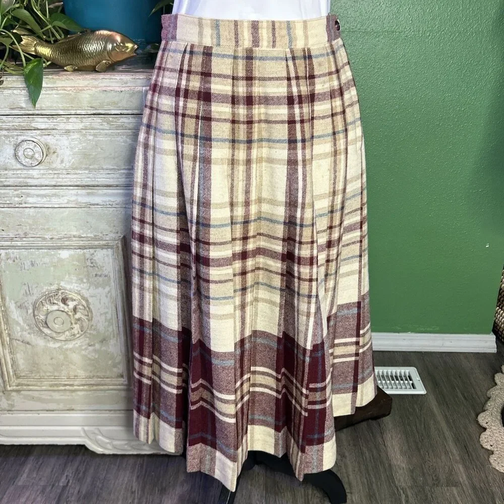 Vtg Wool Blend Pleated Midi Cream Plaid Skirt Union Made 11/12 Academia